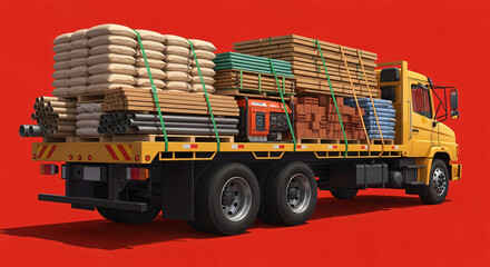 Yellow flatbed truck loaded with construction materials against a red background.