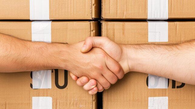 Business handshake in front of stacked cardboard boxes, symbolizing logistics, partnership, and successful delivery.
