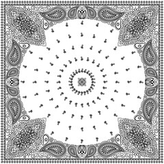 Bandana paisley square ethnic floral hand drawn pattern.Ornament classic vintage vector elements black on white background.Design for scarf,headscarf,kerchief,hijab,tablecloth,print fabric,decoration.