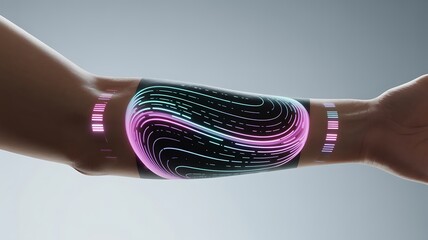 Futuristic glowing biometric data stream projected onto human arm with subtle skin texture