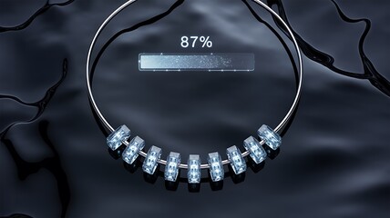 Shiny metallic ring with crystal beads and progress bar displaying eighty seven percent