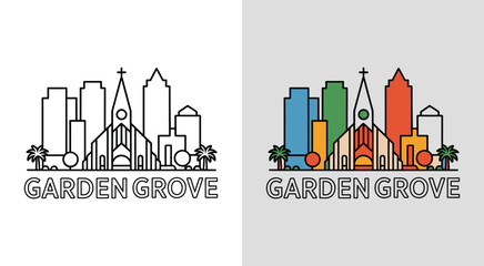 Fototapeta premium Garden Grove skyline with Crystal Cathedral and community buildings for iconic cityscape art.