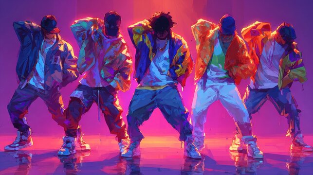 A group of five men are dancing in front of a purple background. The men are wearing colorful jackets and pants. Scene is energetic and lively