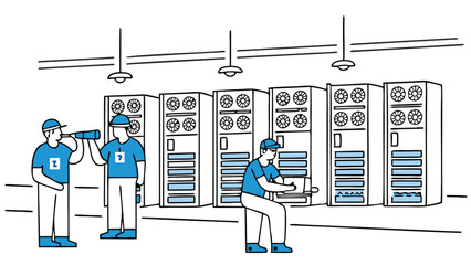 Technicians inspecting server room with telescope and tools in a data center environment setting