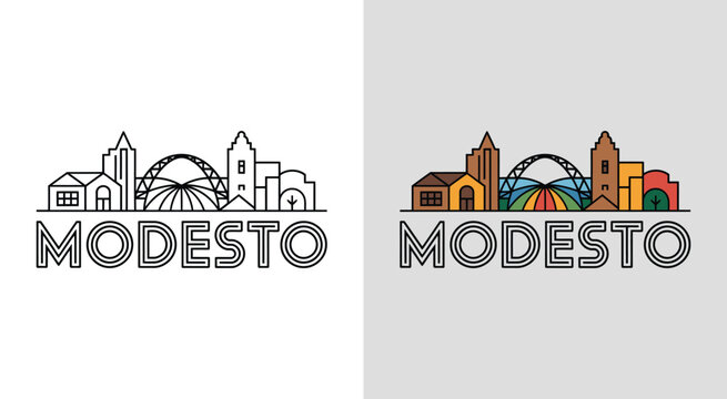 Modesto skyline with Modesto Arch and agricultural buildings for vibrant cityscape art.