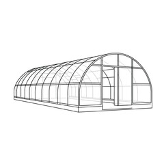 Outline illustration of a greenhouse with an arched roof and door opening