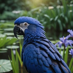 Blue parrot sitting on a blue iris in a pond garden