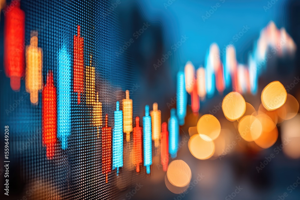 Poster digital display showing stock market trading chart with vibrant color candlesticks. city lights boke