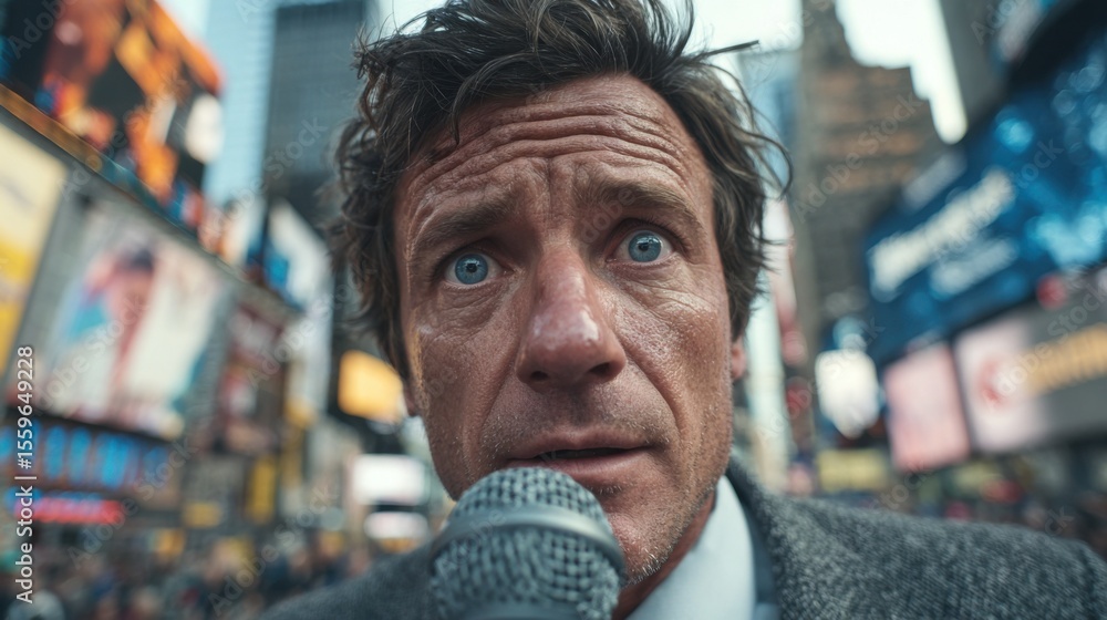 Aufkleber a man with a microphone is standing in front of a large sign. he is wearing a gray jacket and a whit