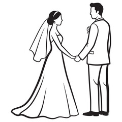 Elegant black and white illustration of a bride and groom holding hands on their wedding day