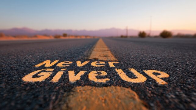 Never Give Up: Written on the asphalt road in yellow capital letters - Never Give Up 