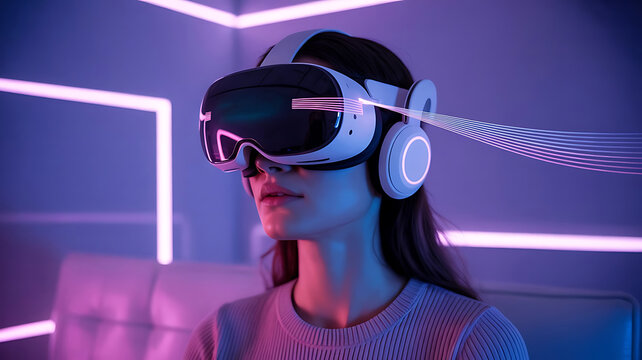 Woman wearing a virtual reality headset with glowing lines emanating from it