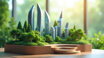 3D rendering of a futuristic eco-friendly city built on a floating island, featuring tall glass skyscrapers and lush green trees.