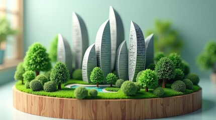 3D rendering of a futuristic eco-friendly city built on a floating island, featuring tall glass skyscrapers and lush green trees.