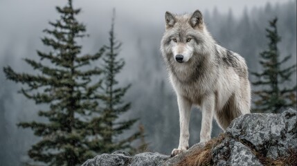 Fototapeta premium A lone wolf is standing on a rocky outcropping in a forest. The sky is overcast, and the trees are covered in snow. The wolf appears to be looking off into the distance