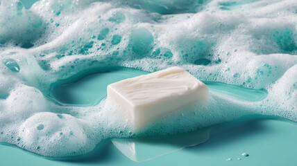 Fototapeta premium White soap bar with foam bubbles on turquoise surface creating fresh and clean feeling in close up view