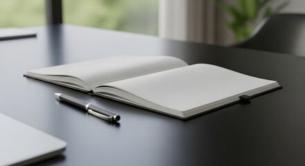 An open notebook with blank pages and a pen lie on a modern black desk in an office