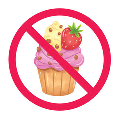 No sweets sign, forbidden cupcake sign, cupcake with red crossed circle symbol, anti sugar food symbol, no cake allowed sign, sugar restriction warning symbol
