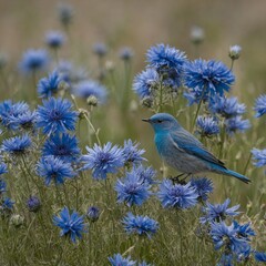 Mountain bluebird with blue cornflowers in breeze