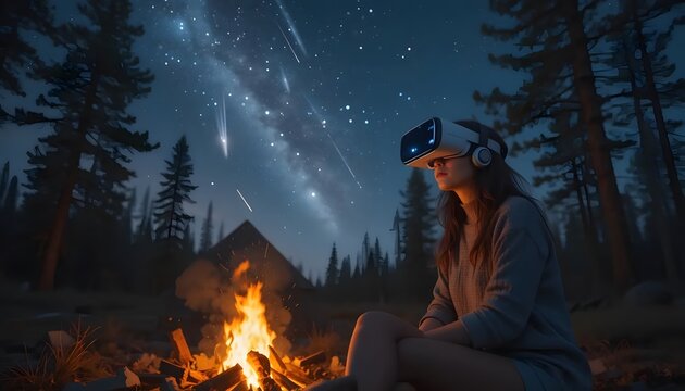 Vr camping in nature under the stars campfire experience virtual reality headset metaverse - Powered by Adobe