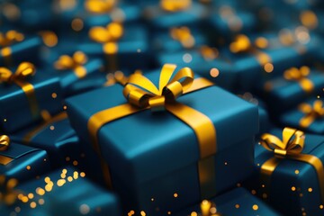 3D render of a pile of blue presents with bright yellow ribbons, glowing holiday vibes