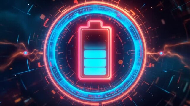 Futuristic battery charging animation displaying different levels in a digital interface