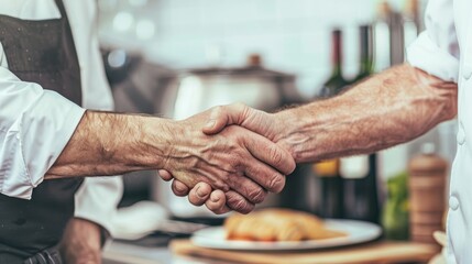 Professional handshake between two chefs in a kitchen, symbolizing partnership and agreement in the culinary industry.