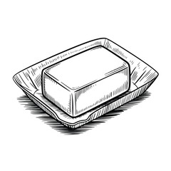 Hand Drawn Butter Block in Tray Illustration in Black and White