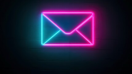 Neon glowing pink and blue envelope icon on dark background.