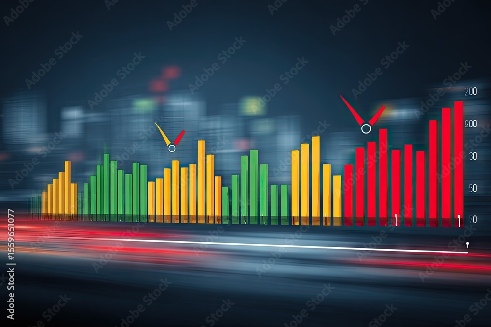 Poster chart of diverse performance metrics. blurred city lights and highway motion