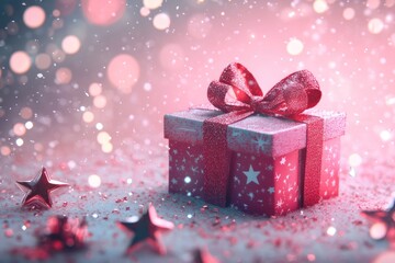 3D rendered gift box and sparkling stars on festive background, perfect for holiday banners and posters