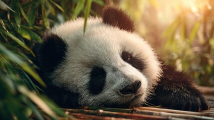 Fototapeta premium A baby panda is sleeping in the grass. Concept of peace and tranquility, as the panda is resting in its natural habitat
