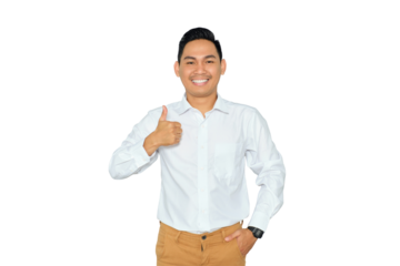 I like this. Happy successful young Asian man in formal wear showing thumbs up and looking at camera with smile isolated on transparent background