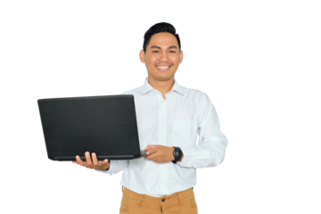 Portrait of positive young Asian man in formal wear holding laptop and looking at camera with happy smile isolated on transparent background