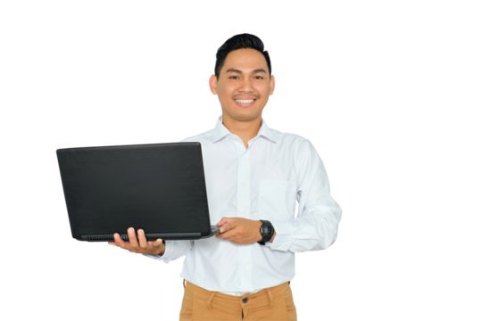 Portrait of positive young Asian man in formal wear holding laptop and looking at camera with happy smile isolated on transparent background