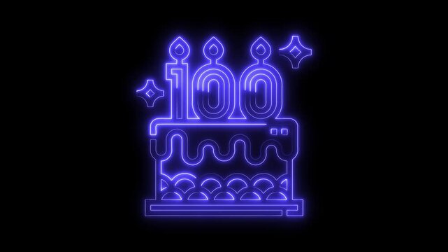 Animated centenary celebration video with glowing neon hundred anniversary cake and sparkling stars