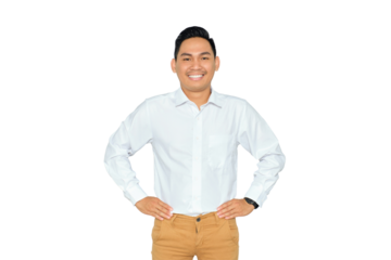 Portrait of handsome young Asian man in formal wear holding hands on waist and smiling happily at camera isolated on transparent background