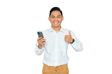 Portrait of smiling young Asian man in formal wear holding mobile phone and giving thumbs up, looking at camera with happy expression isolated on transparent background