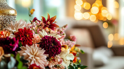 Elegant autumn floral arrangement in warm tones against a bokeh background of golden light.