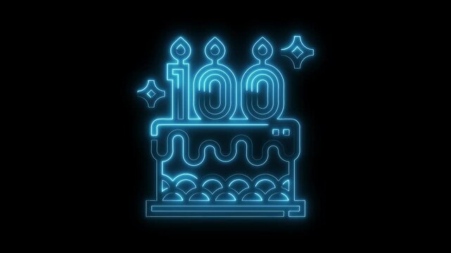 Glowing neon animated centenary birthday cake with sparkles celebration on black background