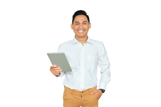 Portrait of happy young Asian man in formal wear holding digital tablet and looking at camera with smiling face isolated on transparent background