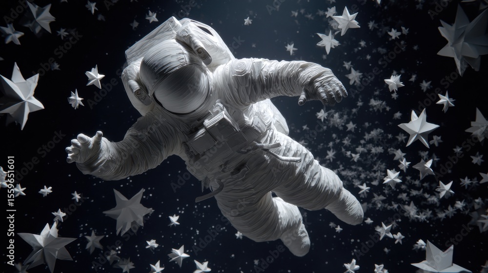 Poster a man in a white spacesuit is floating in space surrounded by stars. concept of wonder and adventure