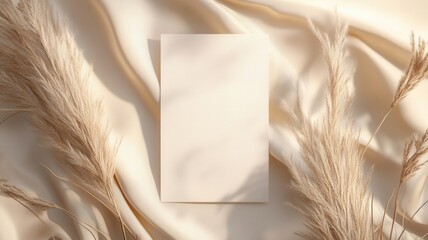 Wedding menu mockup with pampas grass and beige silk cloth creates elegant and minimalist design