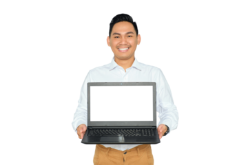 Mockup for advertising. Happy young Asian man in formal wear holding laptop with blank screen, showing free space isolated on transparent background
