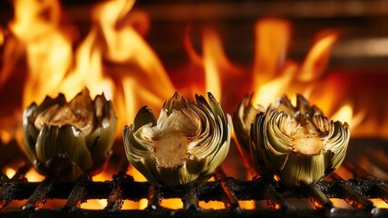 Grilled artichoke halves sizzling over hot coals, imparting rich cooking essence during outdoor summer smoky