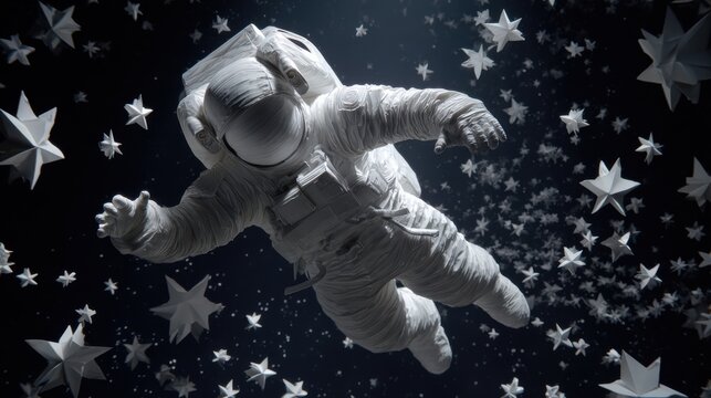 A man in a white spacesuit is floating in space surrounded by stars. Concept of wonder and adventure, as the astronaut is exploring the vastness of the universe - Powered by Adobe