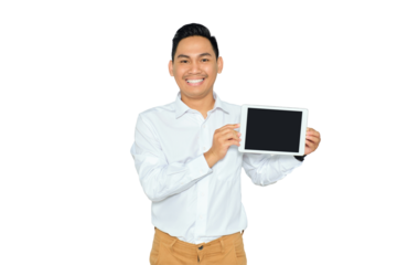 Mockup for advertising. Happy young Asian man in formal wear showing digital tablet blank screen with smile isolated on transparent background