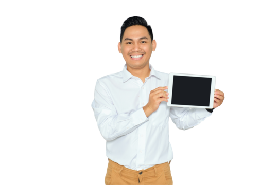 Mockup for advertising. Happy young Asian man in formal wear showing digital tablet blank screen with smile isolated on transparent background - Powered by Adobe