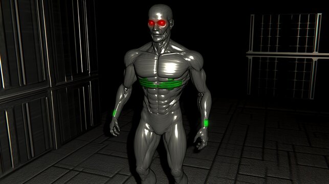 Futuristic metallic cyborg with glowing red eyes and green accents in a dark industrial setting