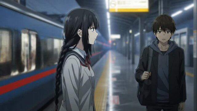 Sad girl standing in rainy train station at night facing boy in emotional silent scene. Romance concept seamless looping 4k time-lapse animation video background